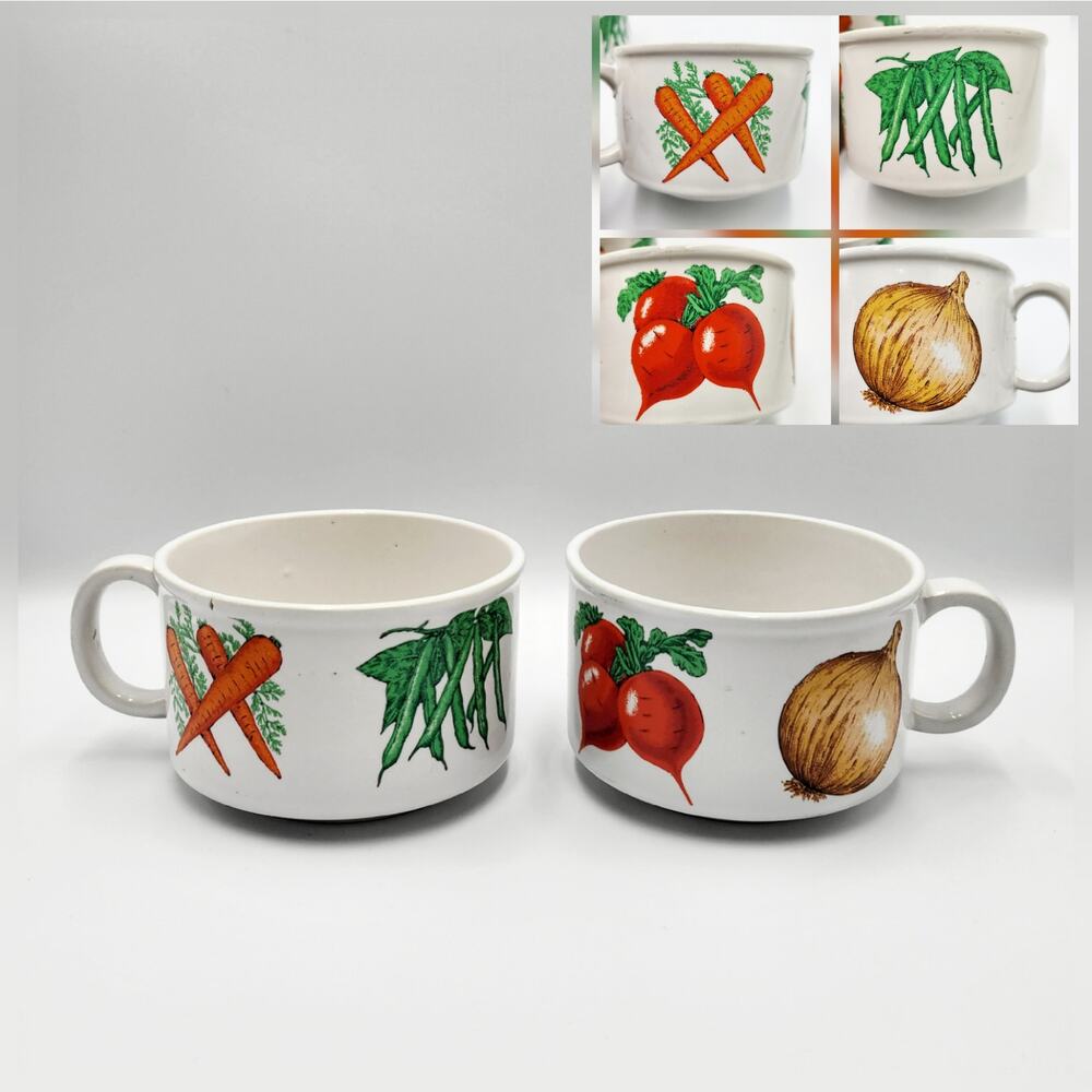 Vintage Ceramic Soup Mugs White & Colorful Garden Vegetables Illustrations Set 2